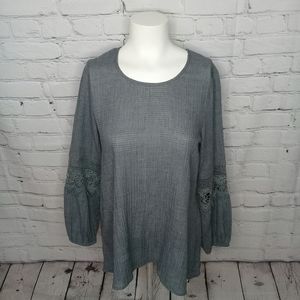 Hem & Thread Dark Grey Gauze Blouse Long Balloon Sleeves Lace Applique Sz S